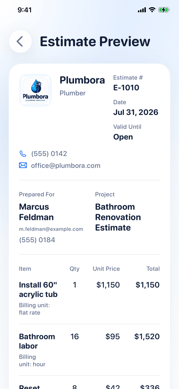 A branded DraftForth estimate with a logo, itemized rows, billing units and a total