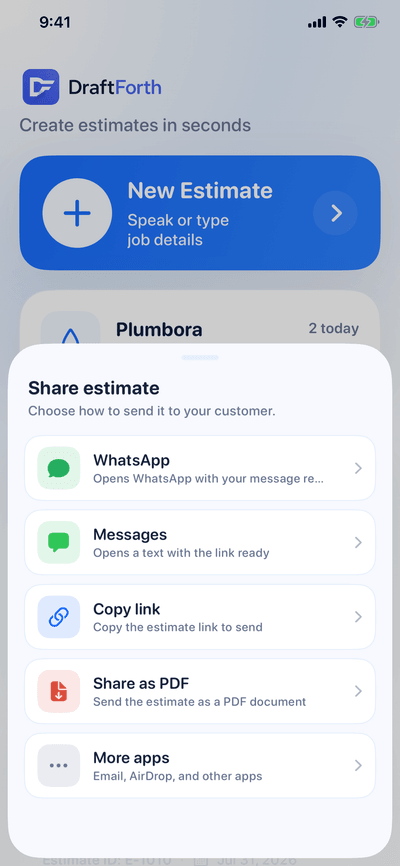 The DraftForth share sheet showing WhatsApp, Messages, Copy link and Share as PDF