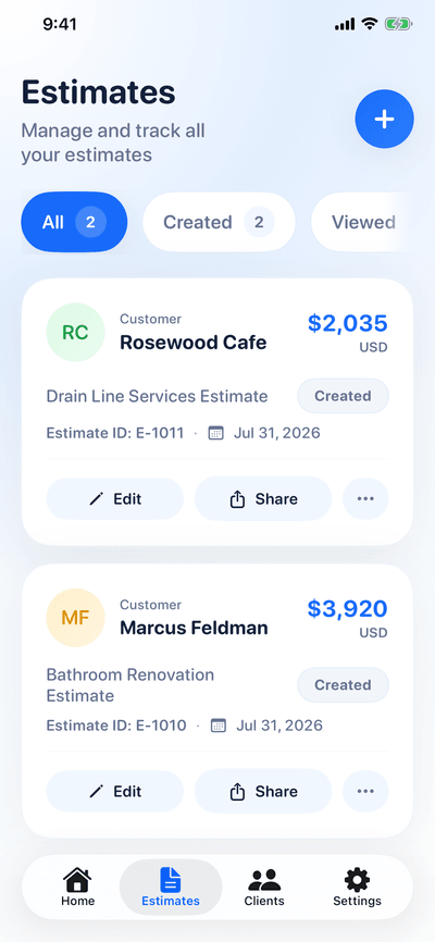 The DraftForth estimates list, filtered by status