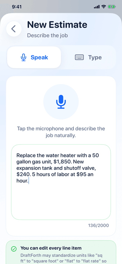 The DraftForth New Estimate screen with a spoken job description in the transcript box